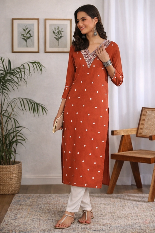 Rust Orange Chikankari Kurti for Women – Rayon V-Neck Embroidered Calf Length Kurta | Floral Nova