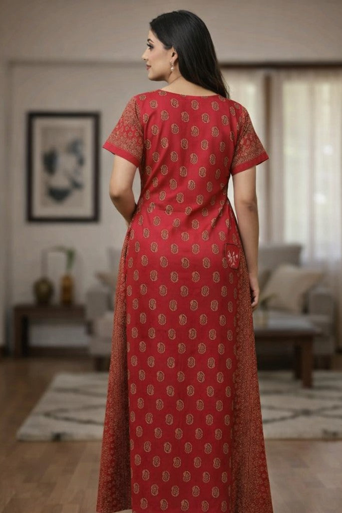 Floral Nova Women Red Cotton Printed Maxi Nightdress | Soft Comfortable Home Wear Long Gown
