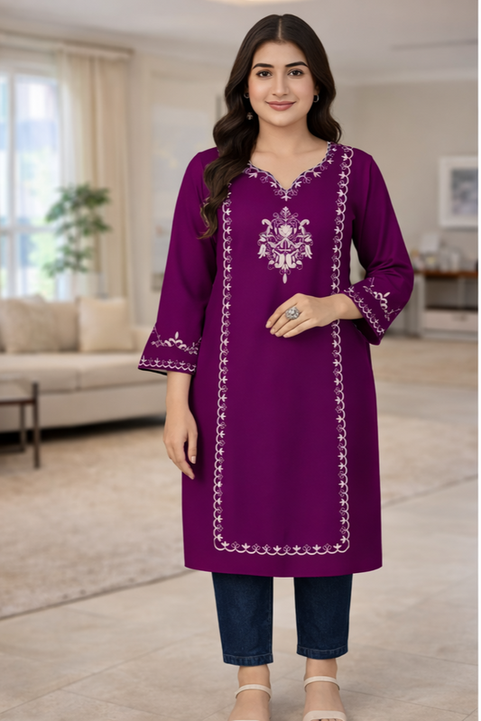 Women Purple Embroidered Rayon Kurti – V Neck A-Line Knee Length Daily Wear Kurti