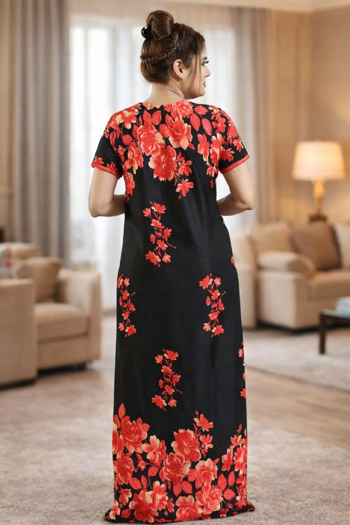 Floral Nova Women’s Black Satin Floral Printed Maxi Dress | Elegant V-Neck Short Sleeve Long Dress for Everyday & Casual Wear