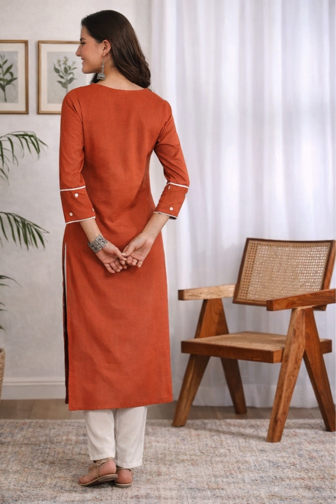 Rust Orange Chikankari Kurti for Women – Rayon V-Neck Embroidered Calf Length Kurta | Floral Nova