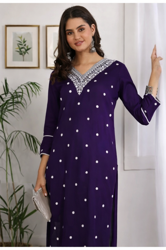 Purple Chikankari Rayon Kurti for Women – Floral Embroidered V-Neck A-Line Kurta | Floral Nova
