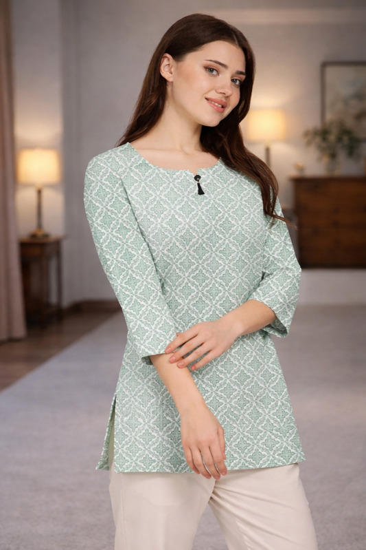 Women Green Printed Cotton A-Line Short Kurti – Daily Wear Kurti | Floral Nova