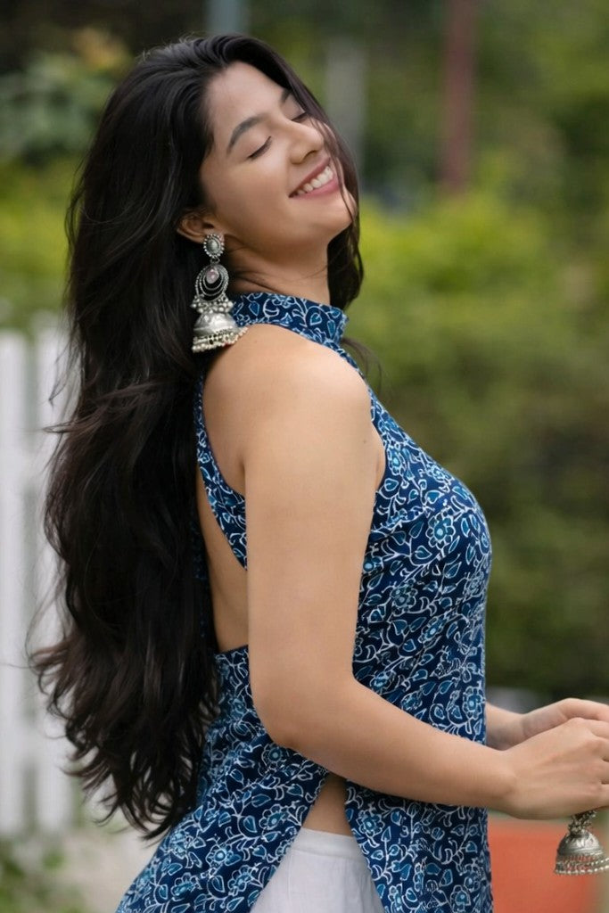 Women Blue Floral Rayon Sleeveless Short Kurti | Floral Nova Halter Neck Ethnic Top for Women