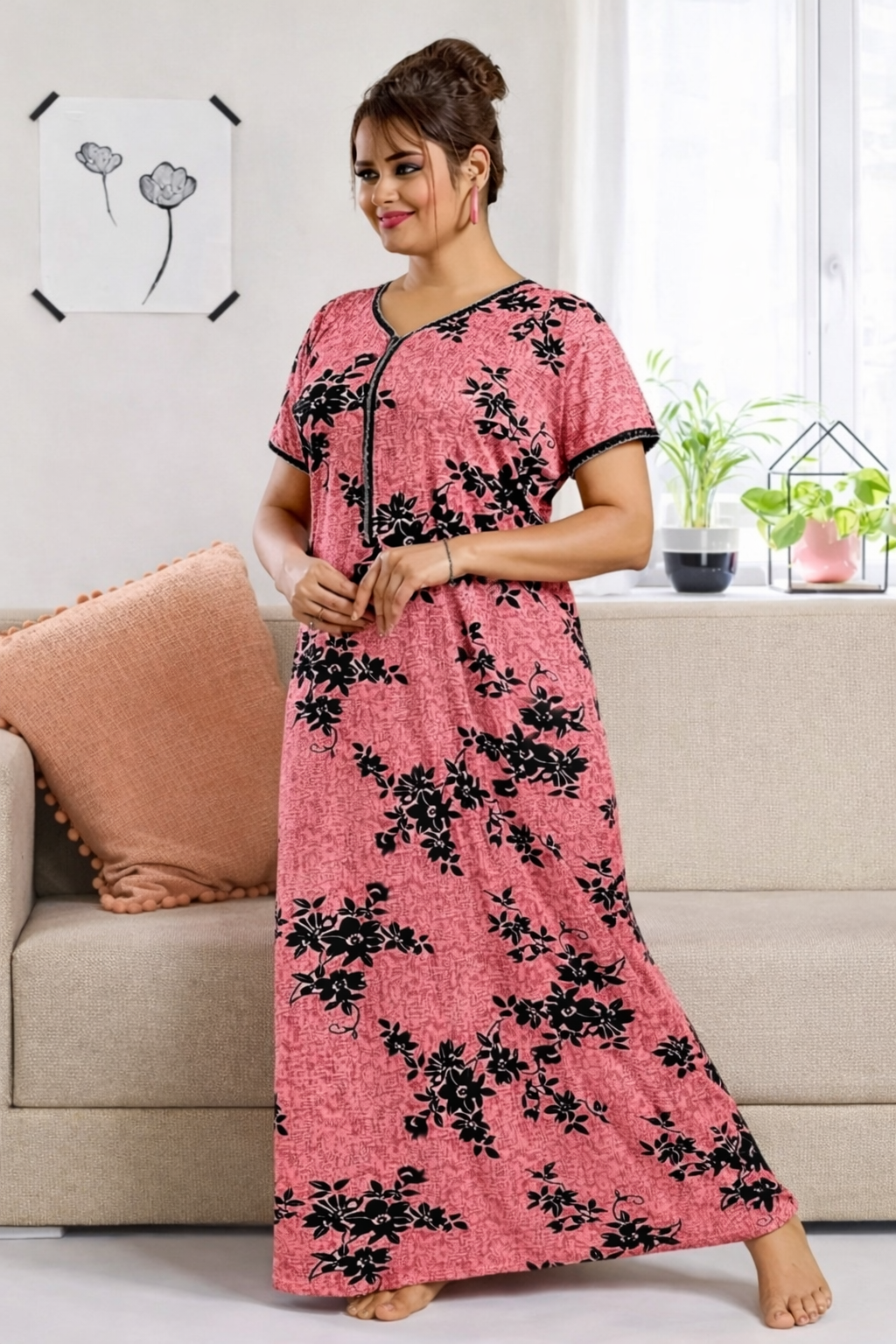 Floral Nova Women Pink Floral Satin Maxi Nighty | Soft & Comfortable Printed Lounge Wear Dress