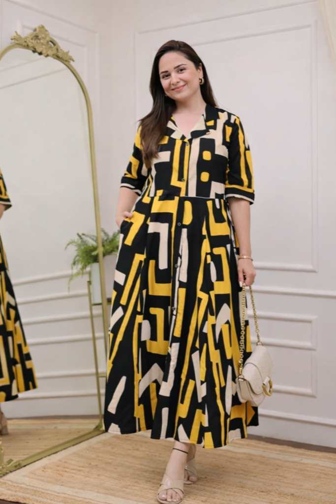 Multicolor Striped Rayon Women Midi Dress – Round Neck Flared Calf Length Stylish Daily Wear Dress