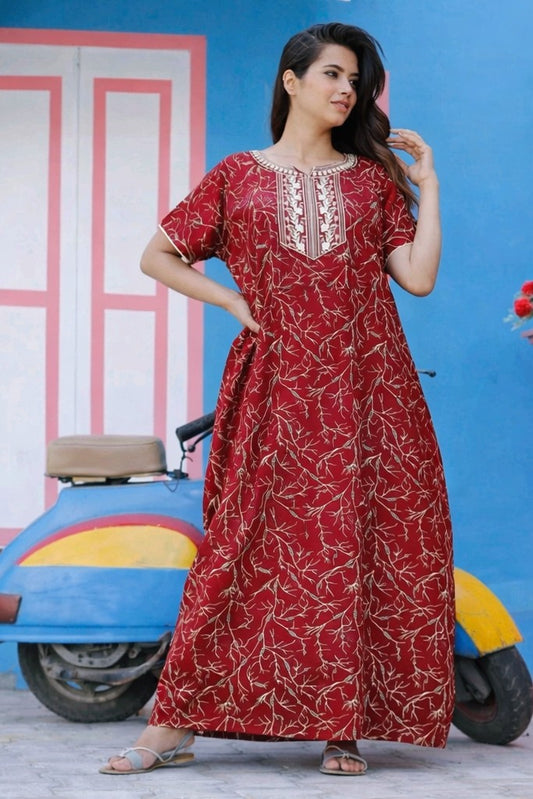 Floral Nova Maroon Cotton Printed Maxi Dress for Women | Embroidered Notch Neck Casual & Night Wear Gown