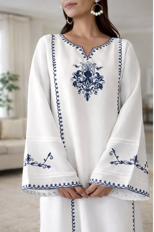 Women White Rayon Embroidered Kurti – V Neck A-Line Knee Length Daily Wear Kurti