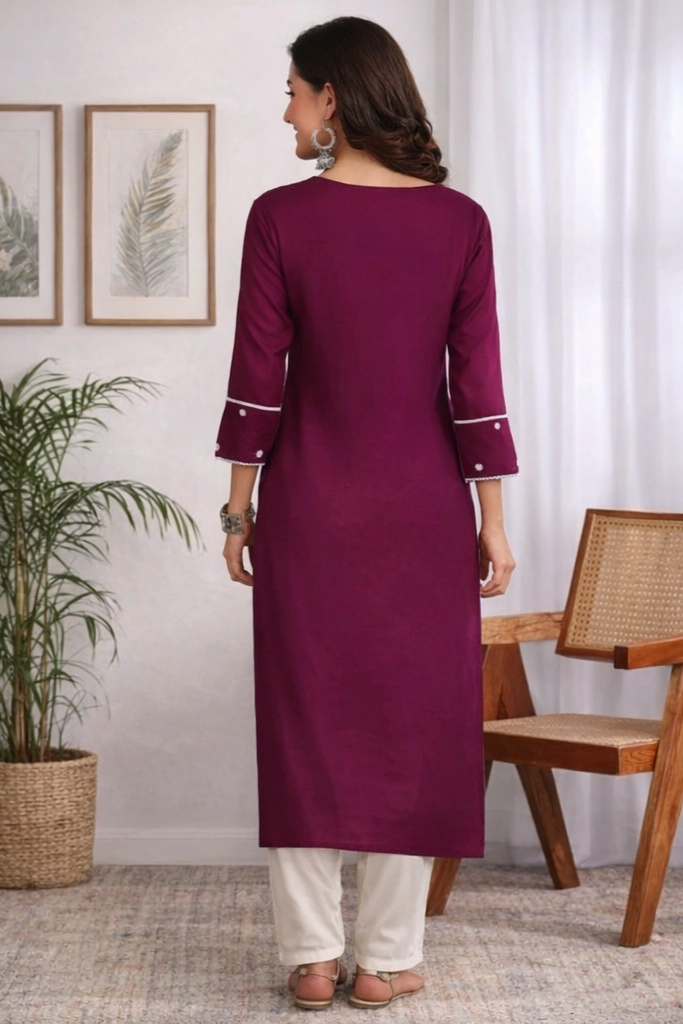 Maroon Chikankari Kurti for Women – Rayon Embroidered V-Neck Calf Length Kurta | Floral Nova