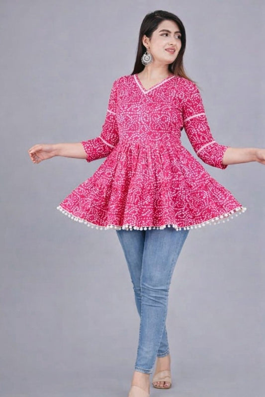 Women Pink Bandhani Printed Rayon Short Kurti | Floral Nova V-Neck Flared Ethnic Top for Women