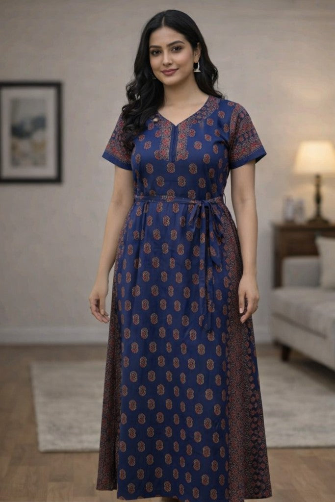 Floral Nova Women Blue Cotton Printed Maxi Nightdress | Soft Breathable Home Wear Long Gown